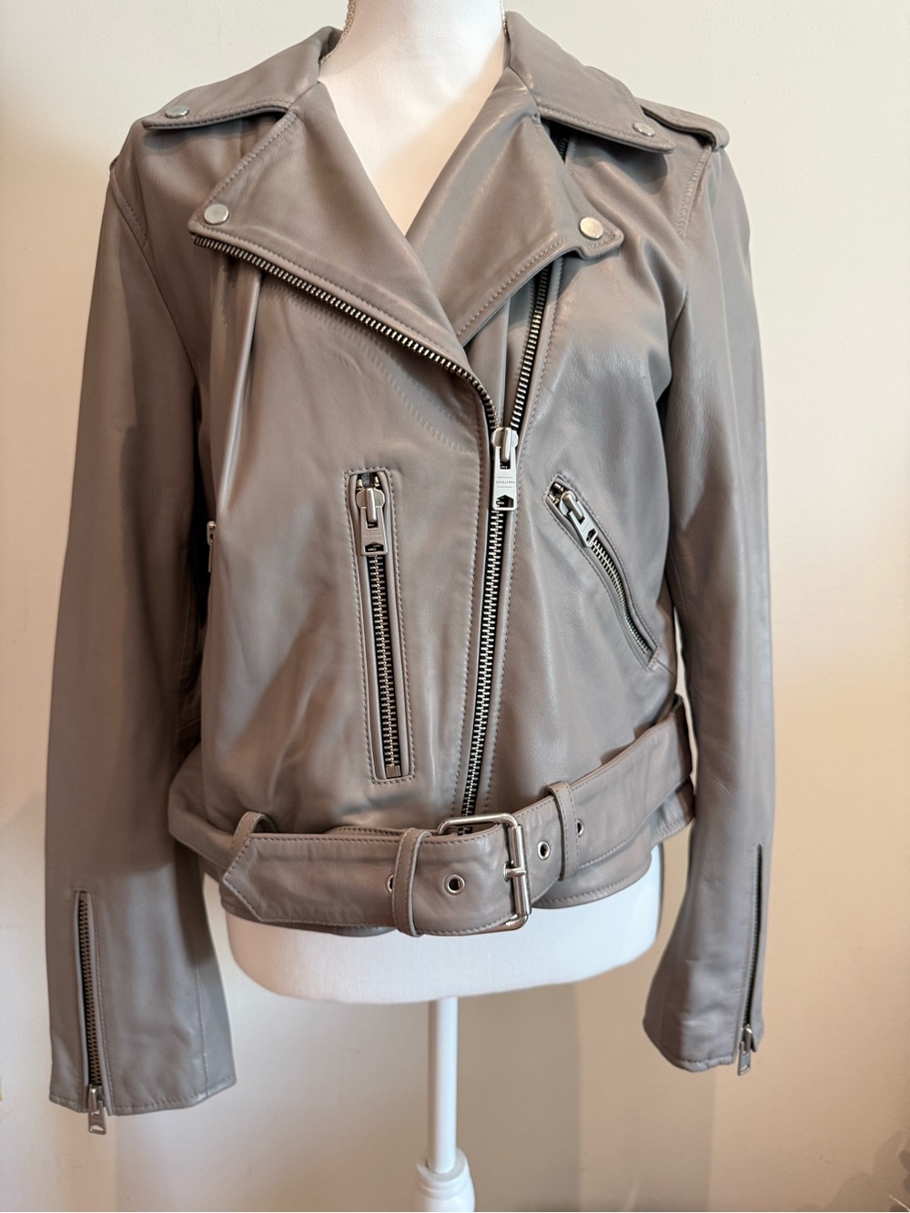 All Saints Womens Taupe Leather Moto Jacket with Belt